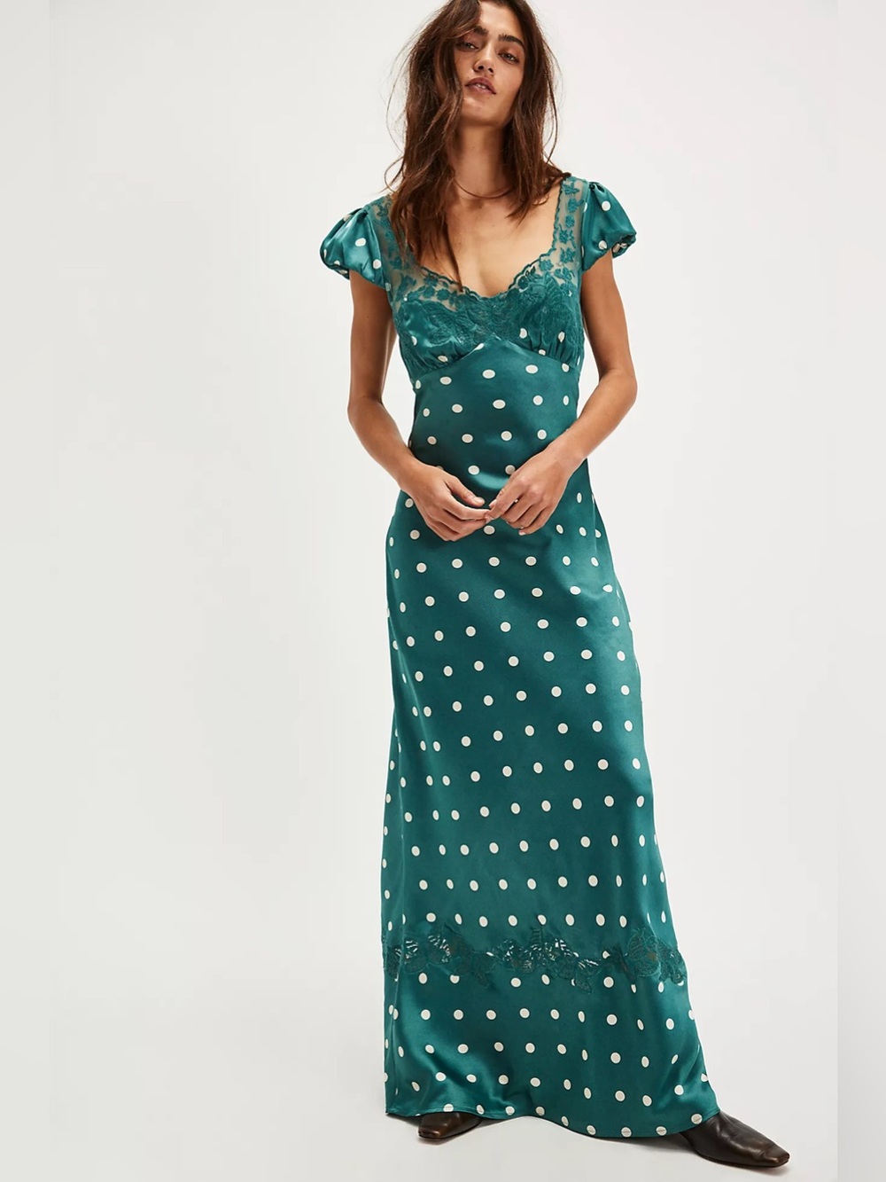 Free People Butterfly Babe Maxi Dress - Polka Dot Satin Slip w/ Lace Trim